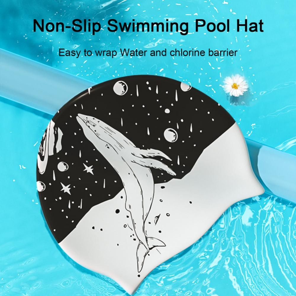 Swim Hat Silicone - หมวกว่ายน้ำพิมพ์ลายสองด้าน ไม่รัดแน่นเกินไป หมวกว่ายน้ำซิลิโคนสีดำ หมวกว่ายน้ำซิลิโคนกันน้ำสำหรับว่ายน้ำ
